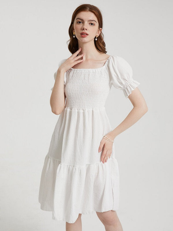 Solid Puff Sleeve Shirred Square Collar Dress