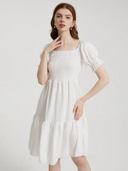 Solid Puff Sleeve Shirred Square Collar Dress