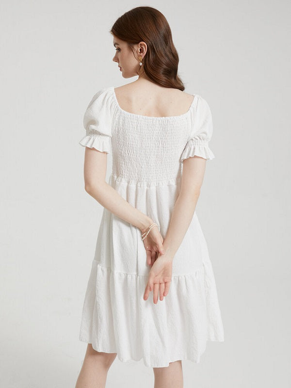Solid Puff Sleeve Shirred Square Collar Dress