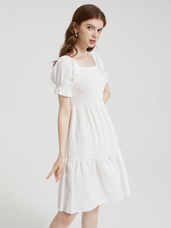 Solid Puff Sleeve Shirred Square Collar Dress