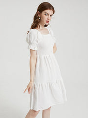 Solid Puff Sleeve Shirred Square Collar Dress