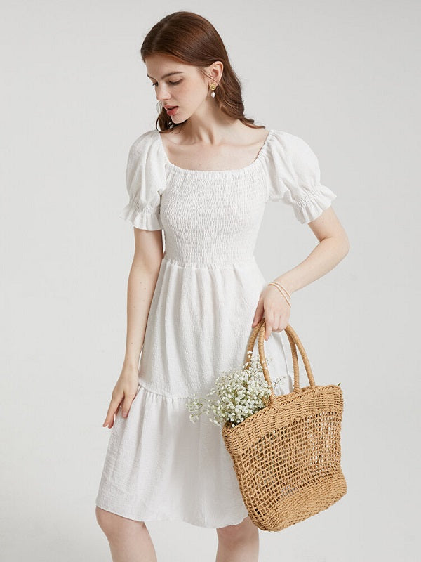 Solid Puff Sleeve Shirred Square Collar Dress