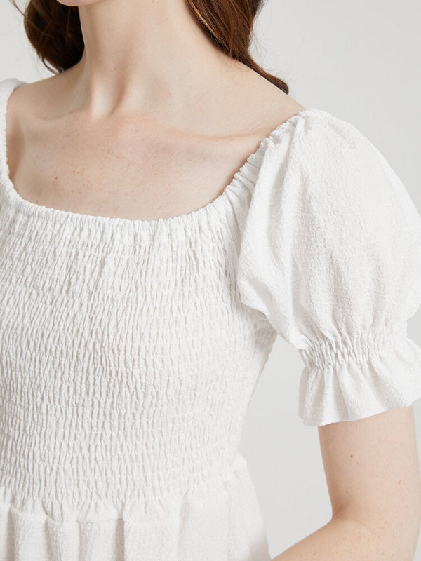 Solid Puff Sleeve Shirred Square Collar Dress