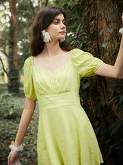 Solid Puff Sleeve Shirred Waist Back Tiered Hem Romper