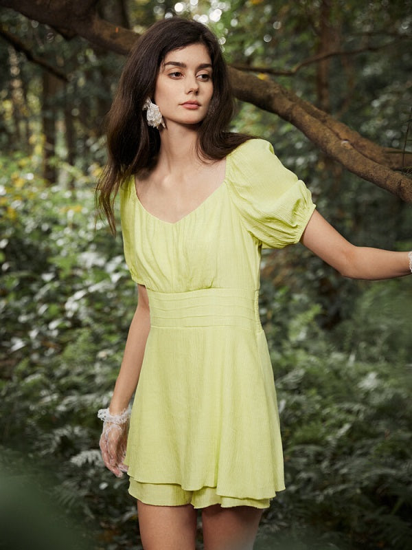 Solid Puff Sleeve Shirred Waist Back Tiered Hem Romper