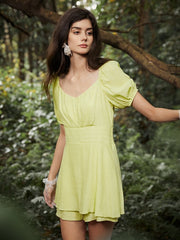 Solid Puff Sleeve Shirred Waist Back Tiered Hem Romper