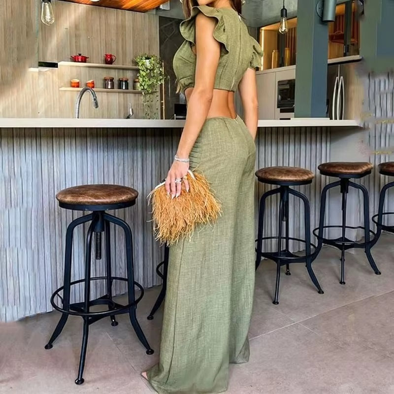 Solid Round Neck Ruffled Hollow Out Open Waist Wide Legs Loose Long Pants Jumpsuit