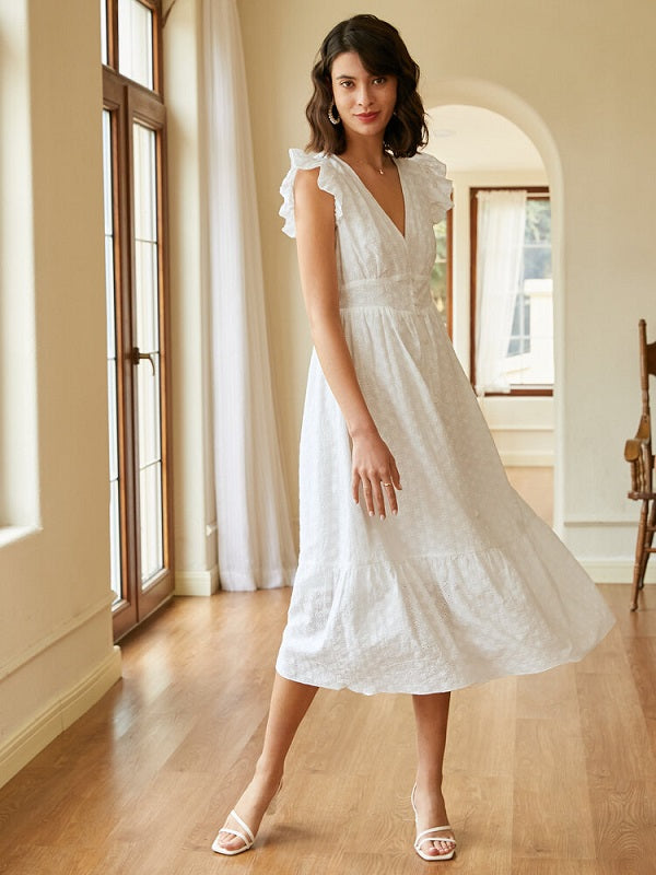 Solid Ruffle Cap Sleeve Button V-neck Lace