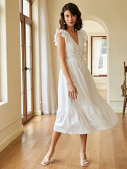 Solid Ruffle Cap Sleeve Button V-neck Lace