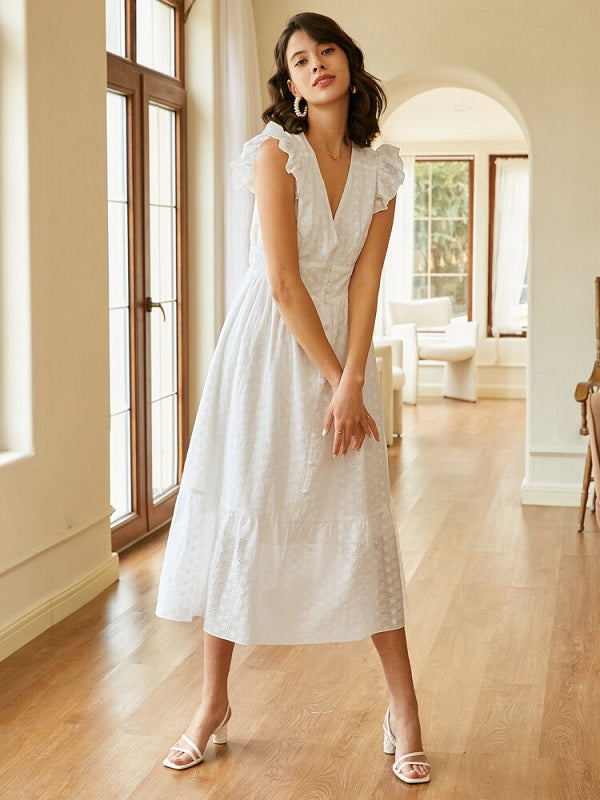 Solid Ruffle Cap Sleeve Button V-neck Lace