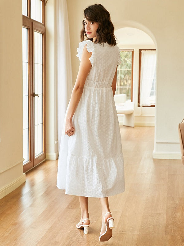 Solid Ruffle Cap Sleeve Button V-neck Lace