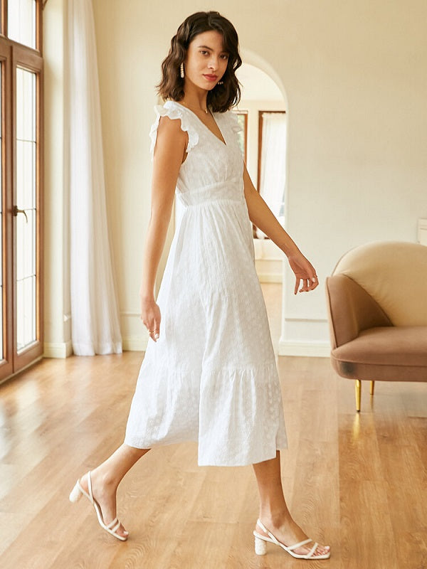 Solid Ruffle Cap Sleeve Button V-neck Lace