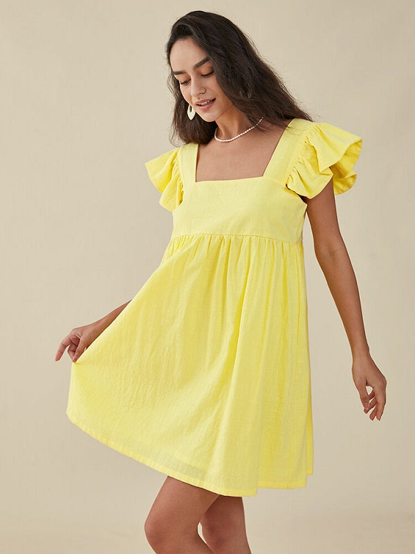 Solid Ruffle Sleeve Open Back Square Collar Dress