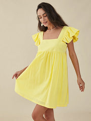 Solid Ruffle Sleeve Open Back Square Collar Dress