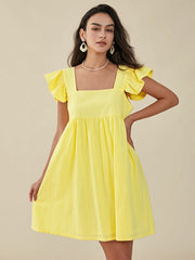 Solid Ruffle Sleeve Open Back Square Collar Dress