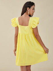 Solid Ruffle Sleeve Open Back Square Collar Dress