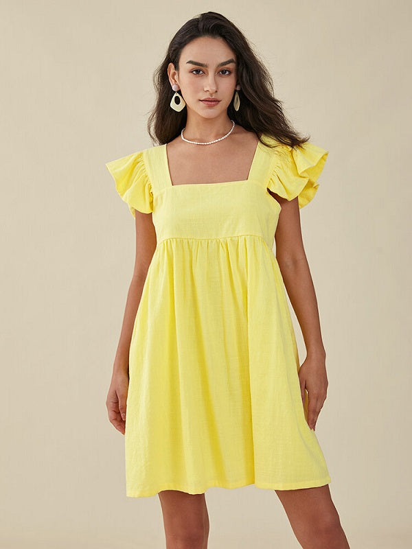 Solid Ruffle Sleeve Open Back Square Collar Dress