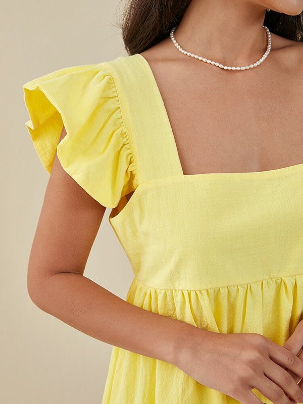 Solid Ruffle Sleeve Open Back Square Collar Dress