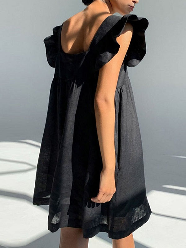 Solid Ruffle Sleeve Open Back Square Collar Dress