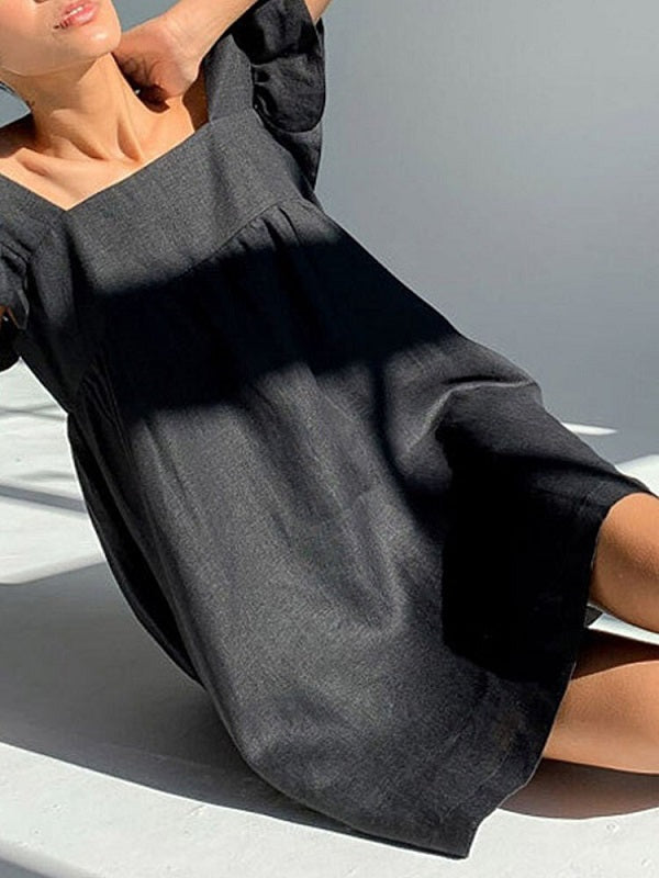Solid Ruffle Sleeve Open Back Square Collar Dress
