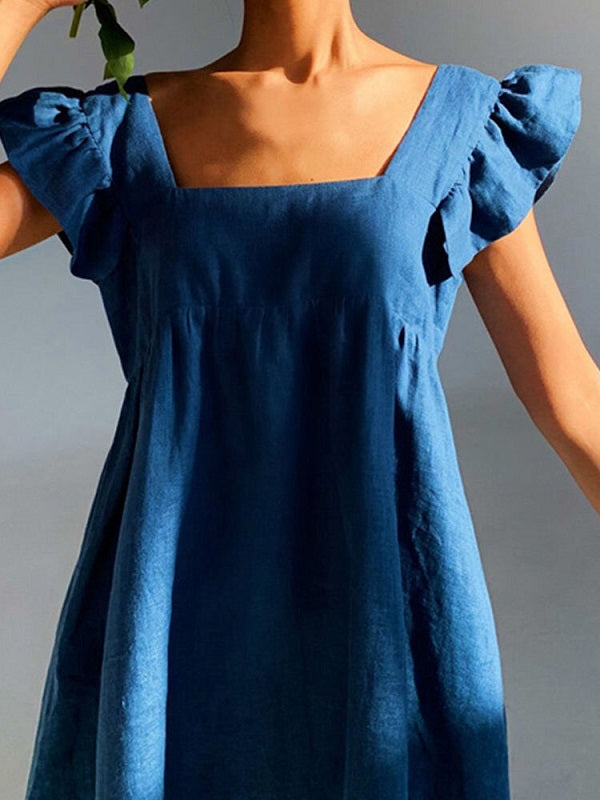 Solid Ruffle Sleeve Open Back Square Collar Dress