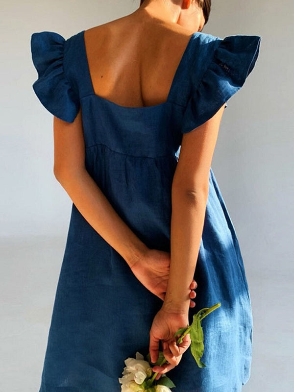 Solid Ruffle Sleeve Open Back Square Collar Dress