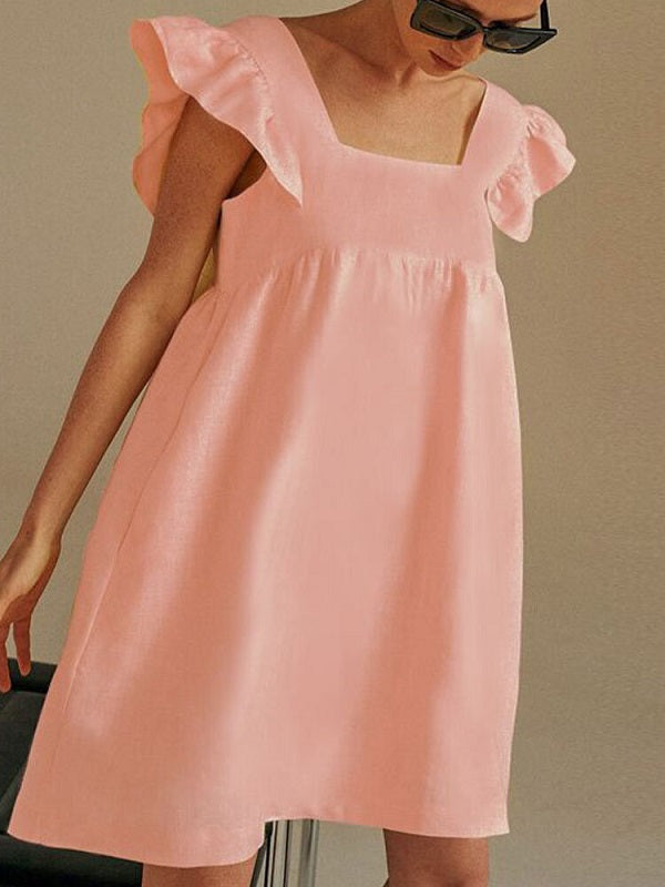 Solid Ruffle Sleeve Open Back Square Collar Dress