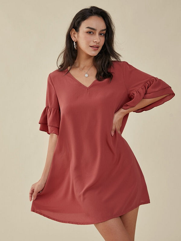 Solid Ruffle Sleeve V-neck Casual Dress