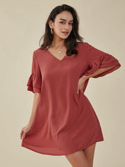 Solid Ruffle Sleeve V-neck Casual Dress