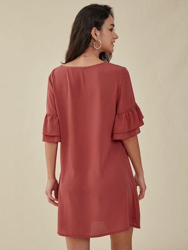 Solid Ruffle Sleeve V-neck Casual Dress