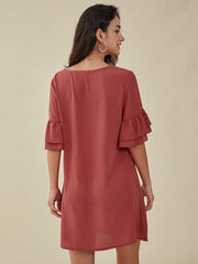 Solid Ruffle Sleeve V-neck Casual Dress