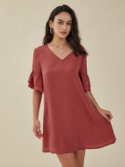 Solid Ruffle Sleeve V-neck Casual Dress