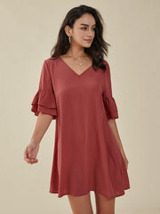 Solid Ruffle Sleeve V-neck Casual Dress