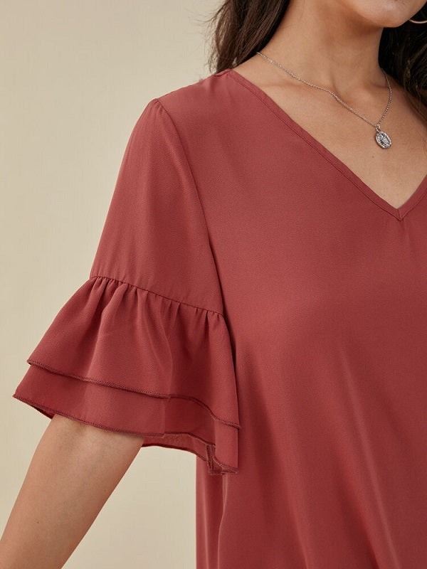 Solid Ruffle Sleeve V-neck Casual Dress
