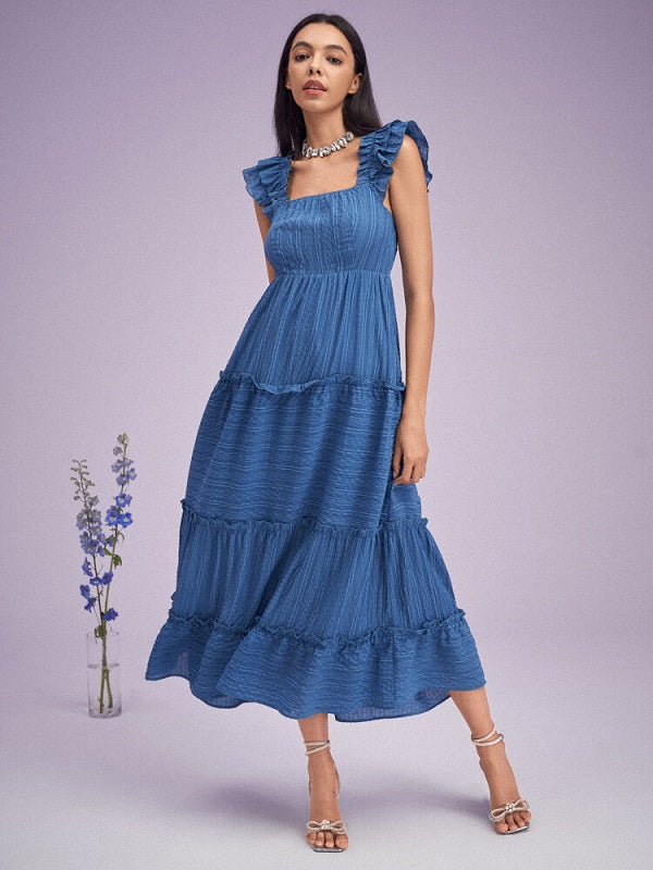 Solid Shirred Tiered Cap Sleeve Lettuce Edge Swing Maxi Dress