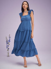 Solid Shirred Tiered Cap Sleeve Lettuce Edge Swing Maxi Dress