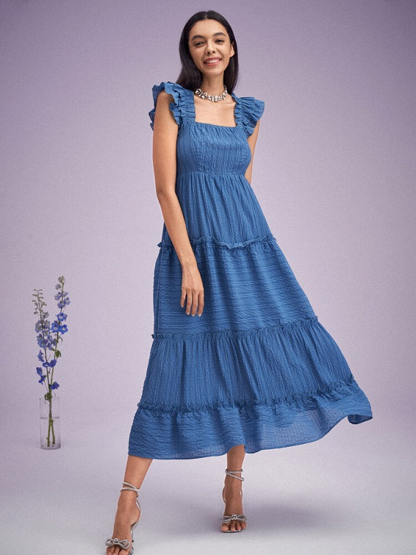 Solid Shirred Tiered Cap Sleeve Lettuce Edge Swing Maxi Dress