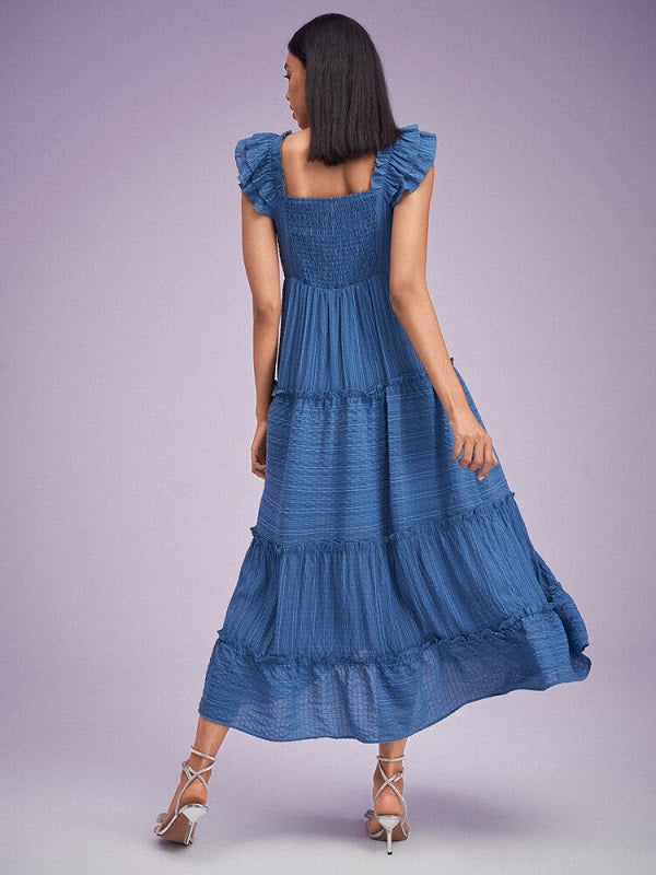 Solid Shirred Tiered Cap Sleeve Lettuce Edge Swing Maxi Dress