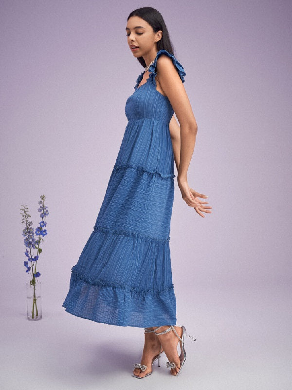 Solid Shirred Tiered Cap Sleeve Lettuce Edge Swing Maxi Dress