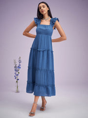Solid Shirred Tiered Cap Sleeve Lettuce Edge Swing Maxi Dress