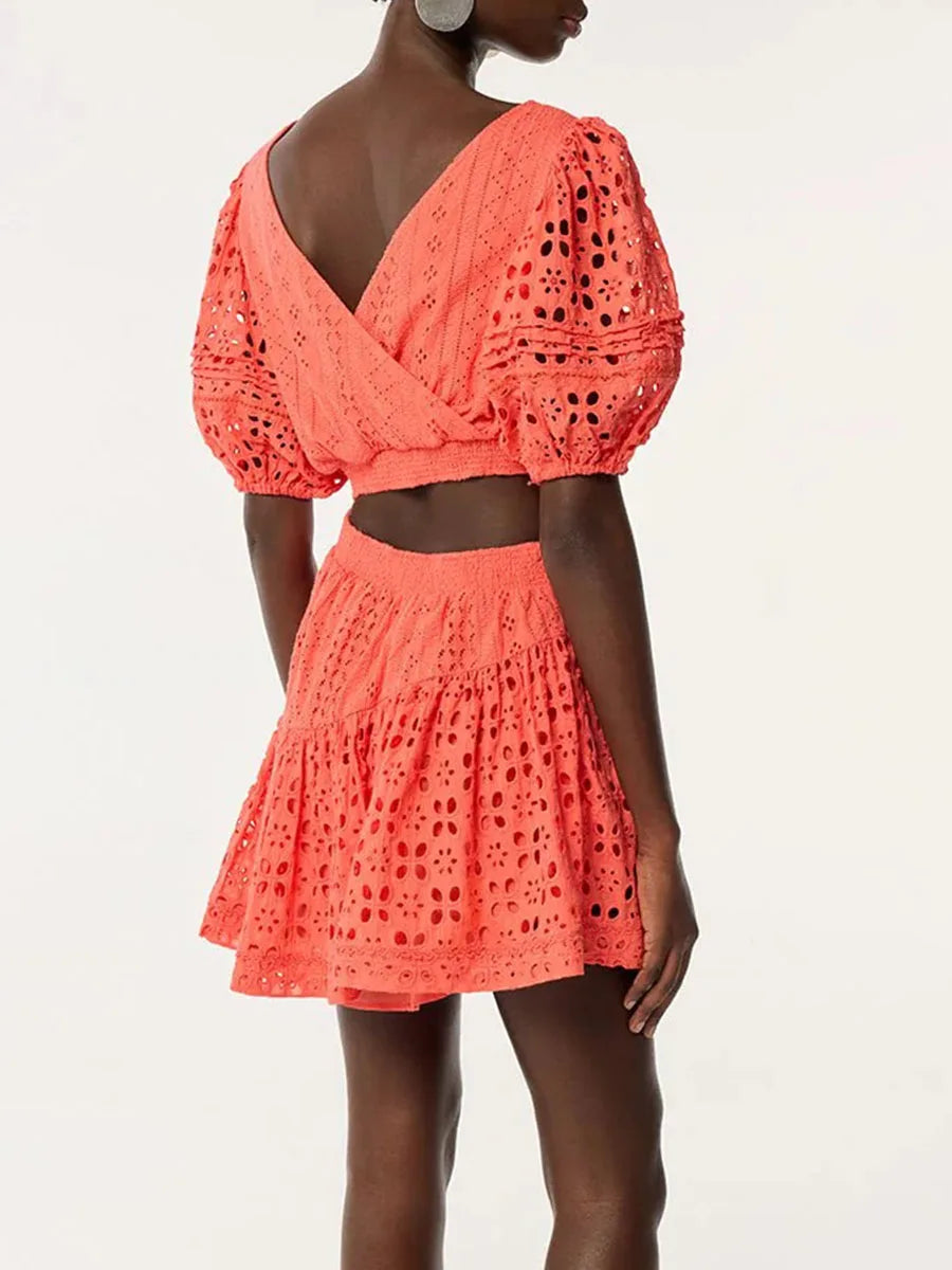 Solid Slimming Hollow Out O Neck Short Sleeve High Waist Temperament Dress