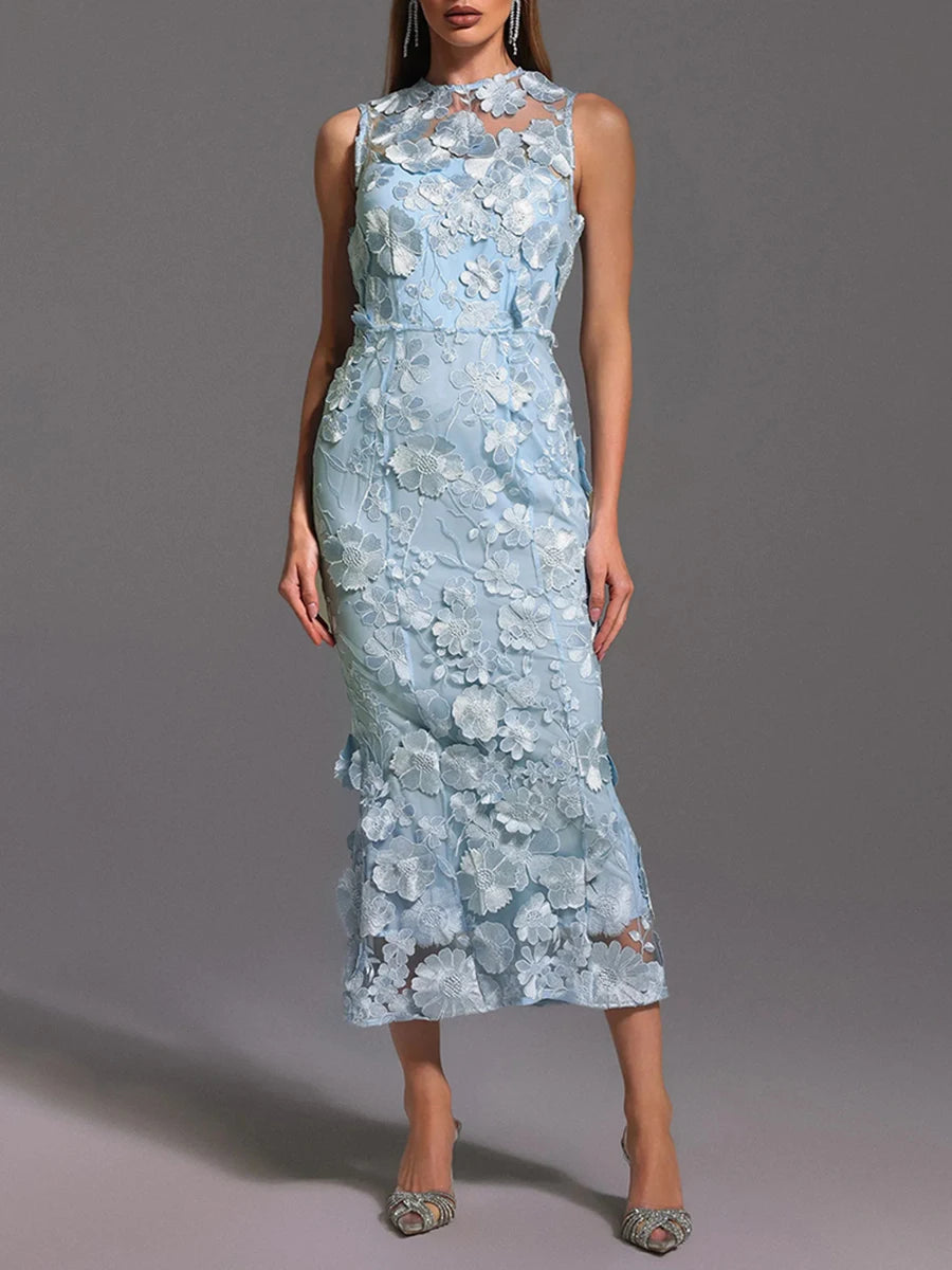 Solid Spliced Appliques O Neck Sleeveless High Waist Temperament Dress