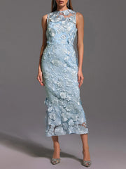 Solid Spliced Appliques O Neck Sleeveless High Waist Temperament Dress