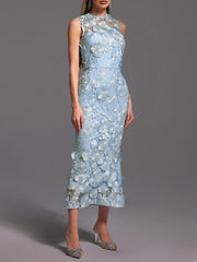 Solid Spliced Appliques O Neck Sleeveless High Waist Temperament Dress