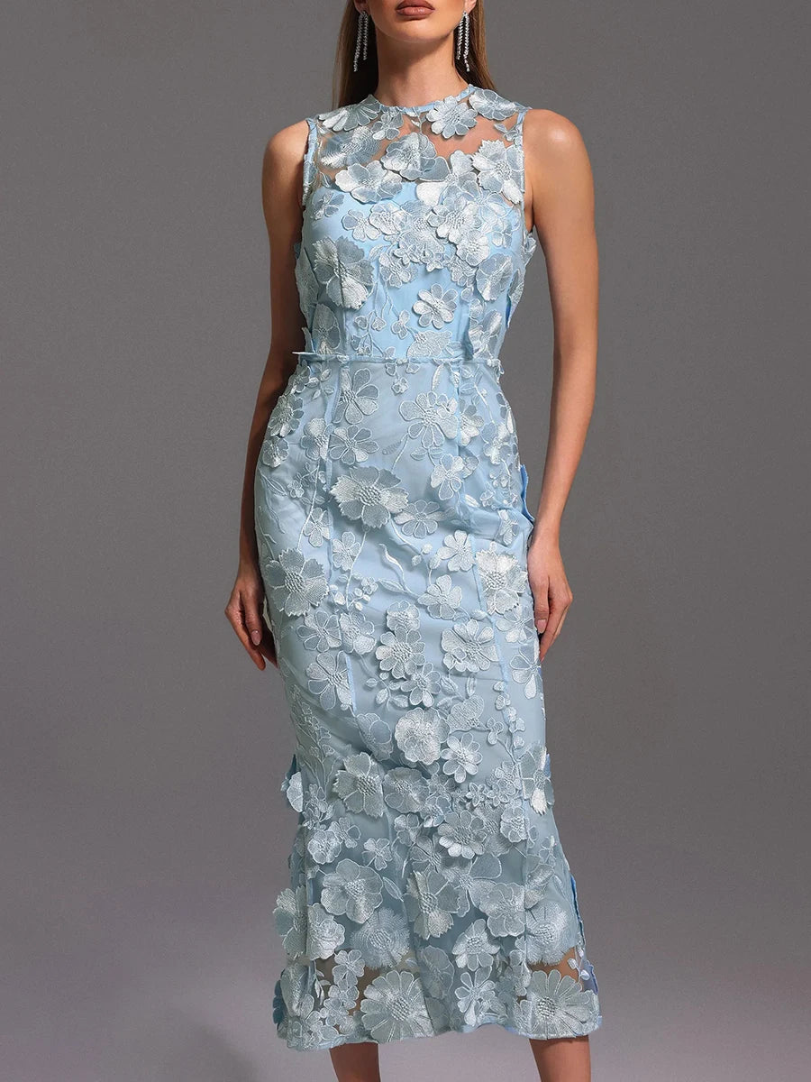 Solid Spliced Appliques O Neck Sleeveless High Waist Temperament Dress