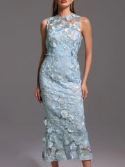 Solid Spliced Appliques O Neck Sleeveless High Waist Temperament Dress