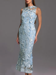 Solid Spliced Appliques O Neck Sleeveless High Waist Temperament Dress
