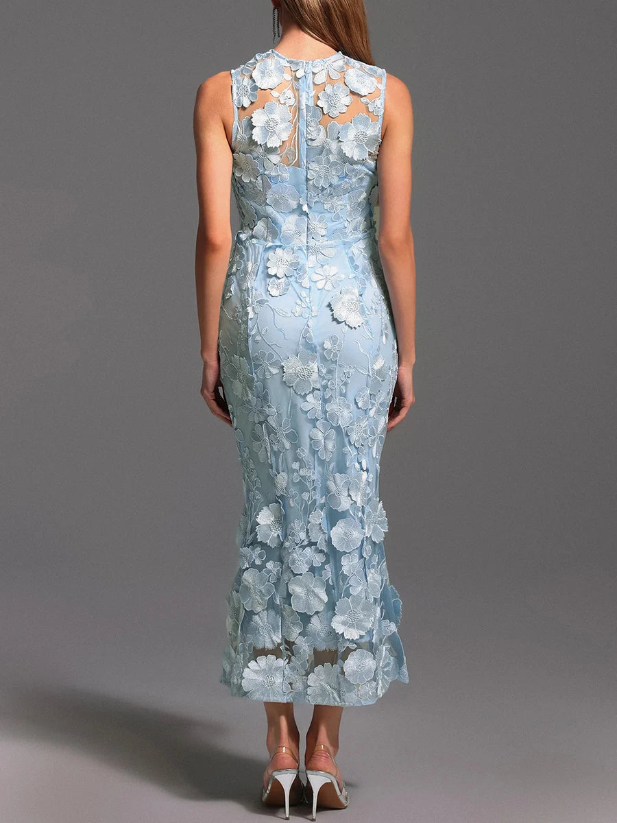 Solid Spliced Appliques O Neck Sleeveless High Waist Temperament Dress