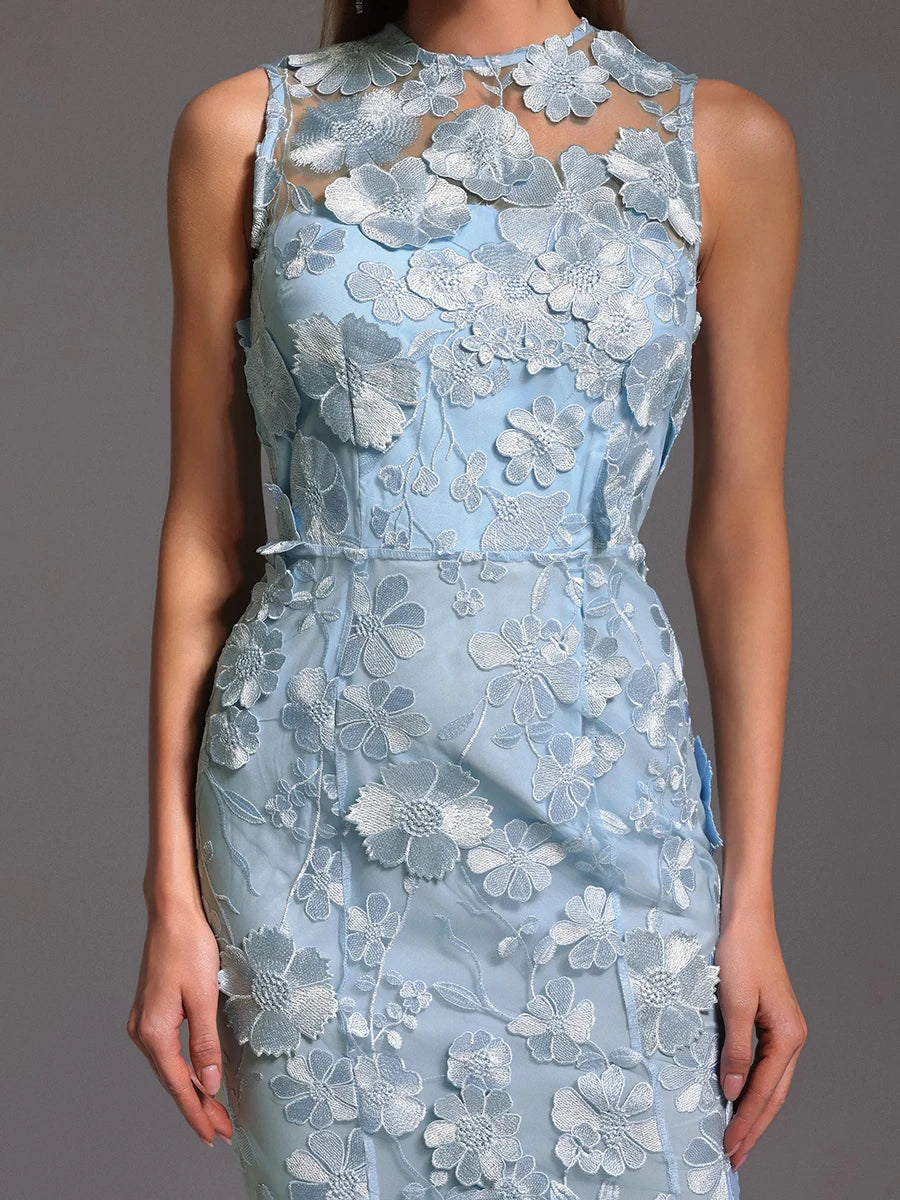 Solid Spliced Appliques O Neck Sleeveless High Waist Temperament Dress