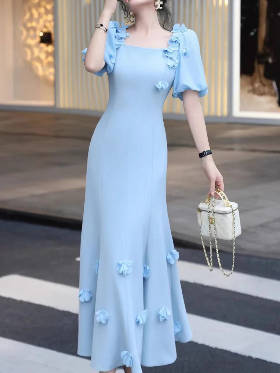 Solid Spliced Appliques Square Neck Short Sleeves High Waist Temperament Dress